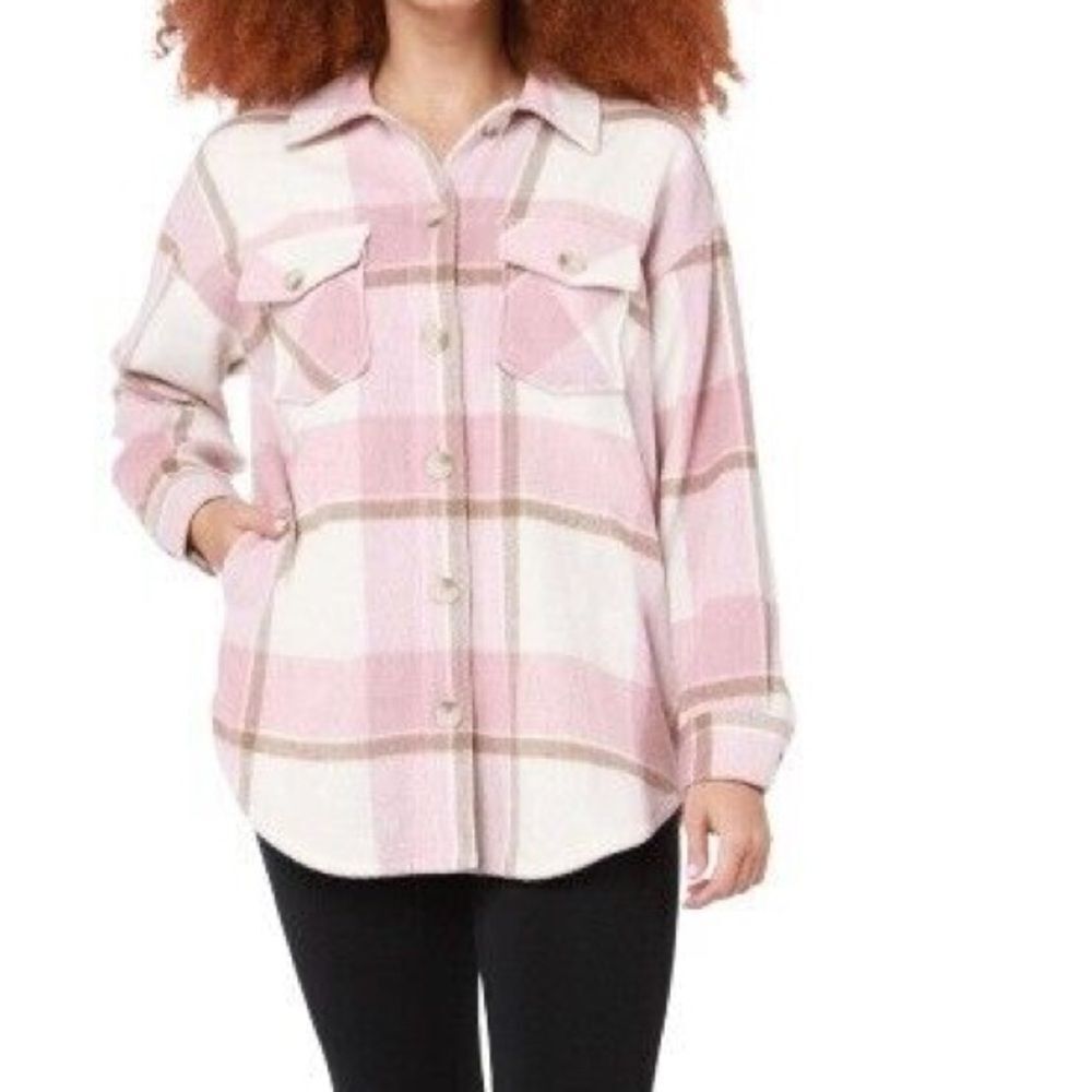 Black Tape Women's Pink Cream Plaid Shacket Jacket